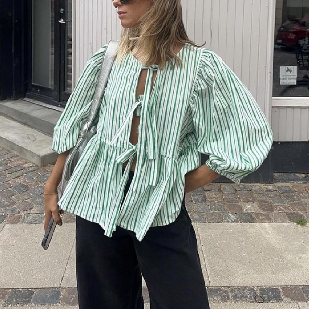 Puff Short Sleeve Peplum Tie Front Blouse